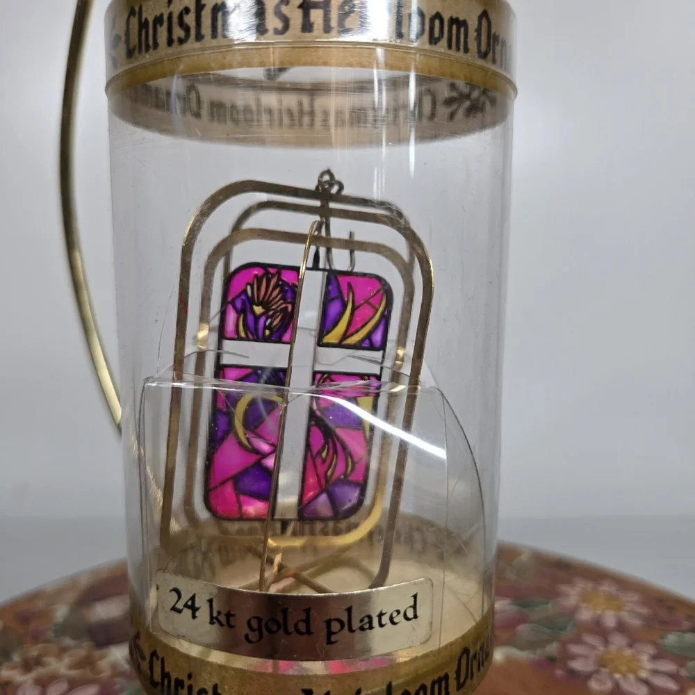 VTG Christmas Heirloom Ornament 24kt Gold Plated Cross Pink Purple Stained Glass